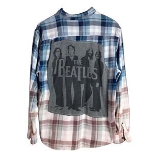 Upcycled The Beatles flannel old navy ombre bleached reworked tee shirt Blue L